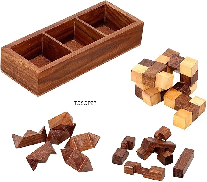 TOSQP27 Gift Wooden Brain Teaser Puzzle Set for Adults & Teens – 3-in-1 Interlocking Burr, Snake Cube & Star Puzzle with Handmade Wooden Storage Box – Mind Challenge Logic Game