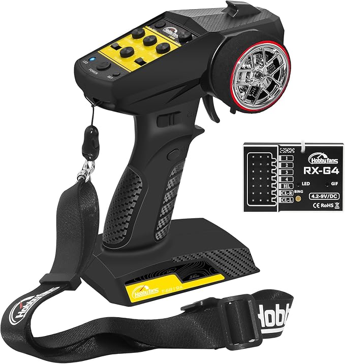 RC Radio System 4CH 2.4G RC Transmitter with Receiver Built-in Gyro and Lanyard Anti-Jamming Remote Controller for RC Car Crawler Boat (Black & Yellow)