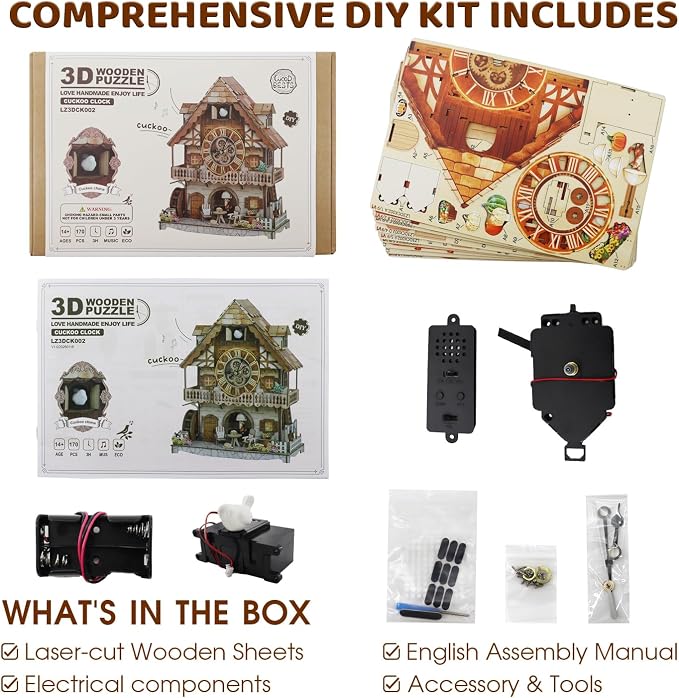 DIY Cuckoo Clock 3D Wooden Puzzle for Adults- German Pastoral Cottage Model Kit with Real Bird Call, 170PCS Miniature Dollhouse Wall Clock Home Decor, Unique Father's Day & Graduation Gifts