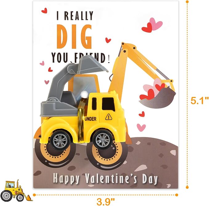 Thigreact Valentines Cards for Kids Classroom - Valentines Day Gifts for Kids - 24 Construction Vehicles Toys Card Bulk - Valentine Exchange Cards for Toddlers Boys School Party Favors