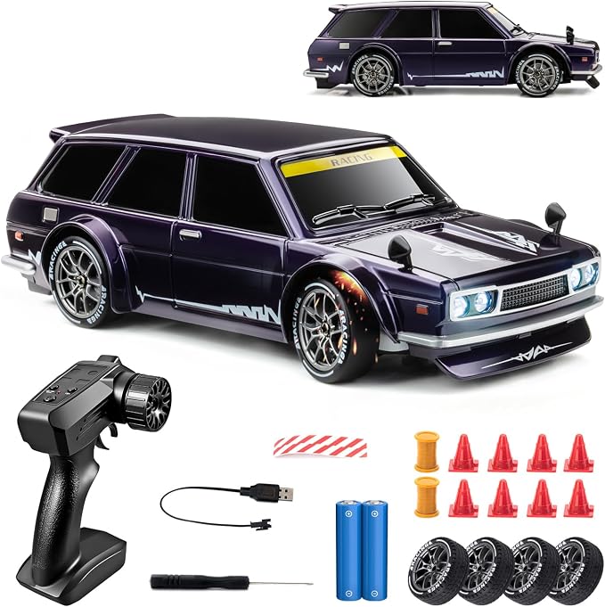 RC Drift Car, 1/24 Remote Control Drift Car for Adults Kids, 20KM/H 4WD Low/High Speed RC Cars with LED Lights, Extra Drifting Tires, Vehicle for Boys Girls Beginners Indoors Outdoors Purple