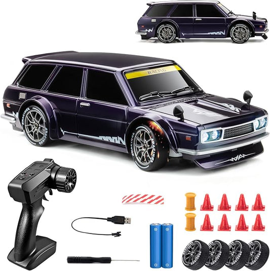 RC Drift Car, 1/24 Remote Control Drift Car for Adults Kids, 20KM/H 4WD Low/High Speed RC Cars with LED Lights, Extra Drifting Tires, Vehicle for Boys Girls Beginners Indoors Outdoors Purple