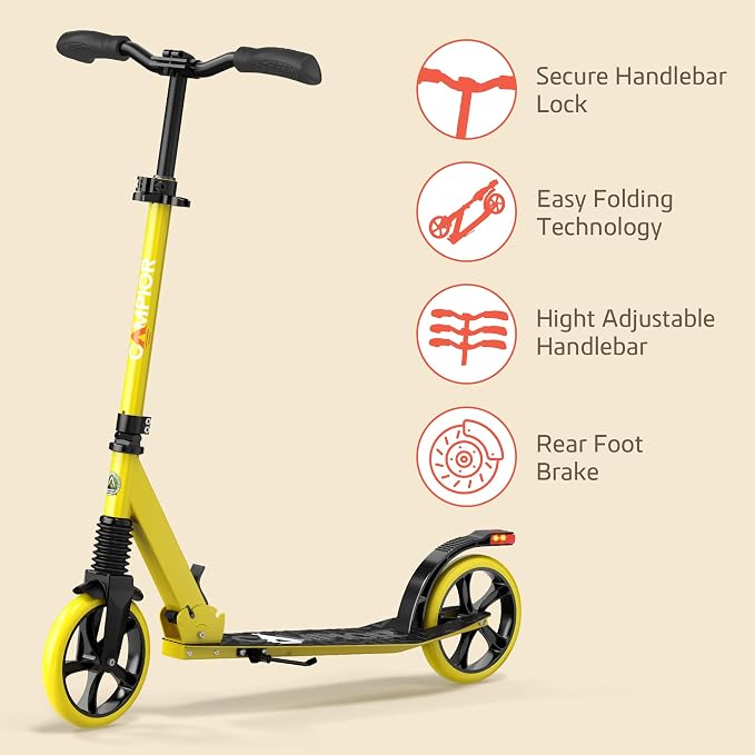 Campior Kick Scooter for Ages 6+, for Kids, Teens, and Adults, Max Load 240 LBS, Foldable, 8-inch Big Wheels for Kids and Adults, with Kickstand, 3 Adjustable Levels, Child Safety Approved, Yellow