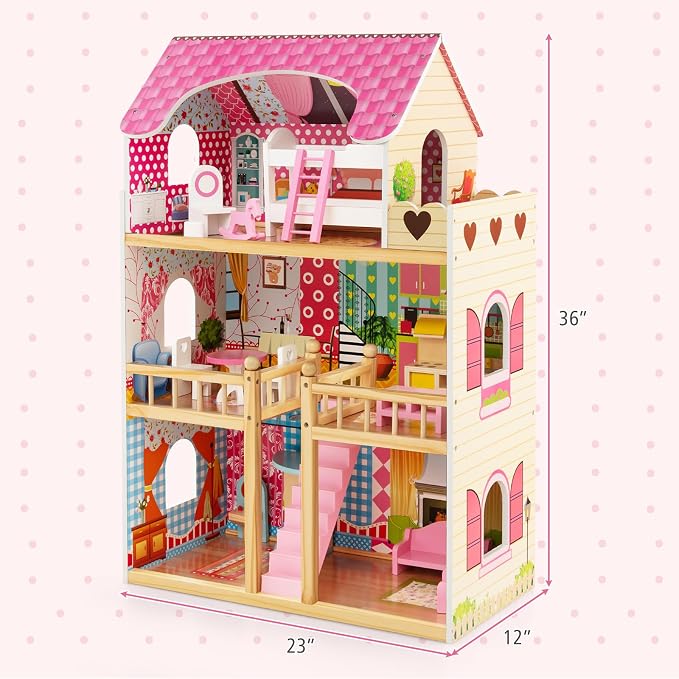 HONEY JOY Pink Doll House, Wooden Kids Dollhouse with Balcony & Stairs, 15 Pieces Accessories & Furniture Included, Large 3-Story Easy to Assemble Doll House Toy, Gift for Toddler Boys Girls, Pink