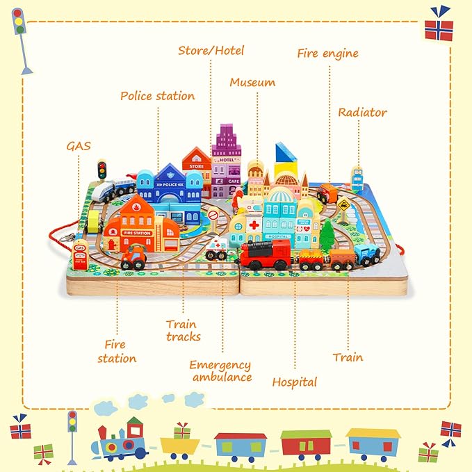 Adena Montessori Wooden Take-Along Tabletop for Toddlers,75 Blocks Set Track Train Set,Electric Train City Building Construction Stacking Blocks Preschool Learning Educational Toys(Large Size)