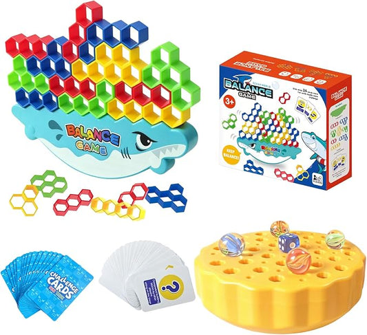 Balance Building Blocks Game 48PC – 3-in-1 Shark Edition with Marble Balance, Hexagon Stacking Tower & Tile Creation | Strategy & Challenge Cards Included | STEM Toy for Kids Ages 3+ Family Game Night