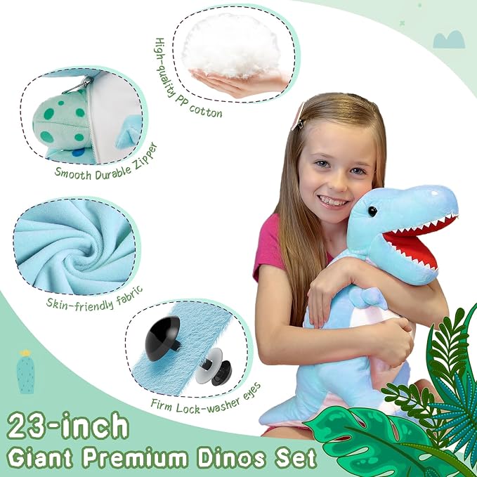 MorisMos Dinosaur Stuffed Animal with Babies,23.6'' Big Mommy Stuffed Dino T-rex with 3 Baby Dino Stuffed Toys & 3 Eggs Plush Inside Belly, Boy Girl Dinosaur Toys for Kid 3-5,Blue T-rex Toys Gift