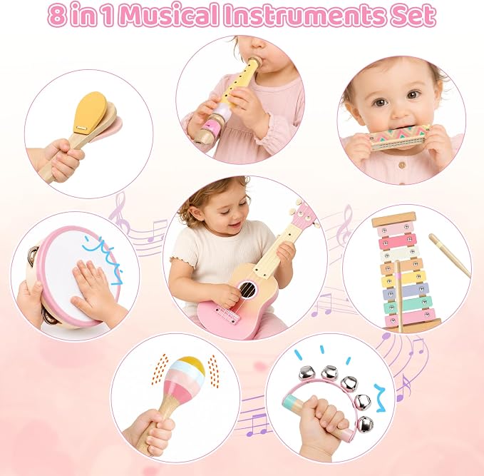 Pink Kids Guitar Set - 8 in 1 Toddler Musical Instruments,Montessori Wooden Ukulele Xylophone Tambourine Maracas Flute,Toy Guitar for Toddler Girl Ages 1-3, Toddler Girl Gifts for 2 Year Old