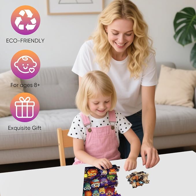 Mocfesk Wooden Puzzles for Adults, Owl Family Puzzles for Grandkids 200 Pieces, Unique Shaped Jigsaw Puzzles for Adults and Kids, Fun Family Game Home Decor 11.8'' x 8.9''