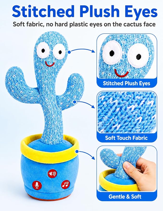 Rechargeable Dancing Talking Cactus Toy Adjustable Volume, Singing Mimicking Cactus Baby Toy, Safe Plush Eyes Baby Toys 18 month+, 1st Birthday Girl Gifts, 1 Year Old Girl Gifts (Rechargeable Blue)