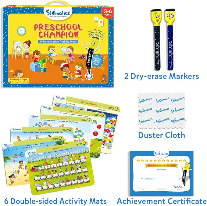 Skillmatics Educational Game : Preschool Champion | Reusable Activity Mats with 2 Dry Erase Markers | Gifts & Preschool Learning for Ages 3-6