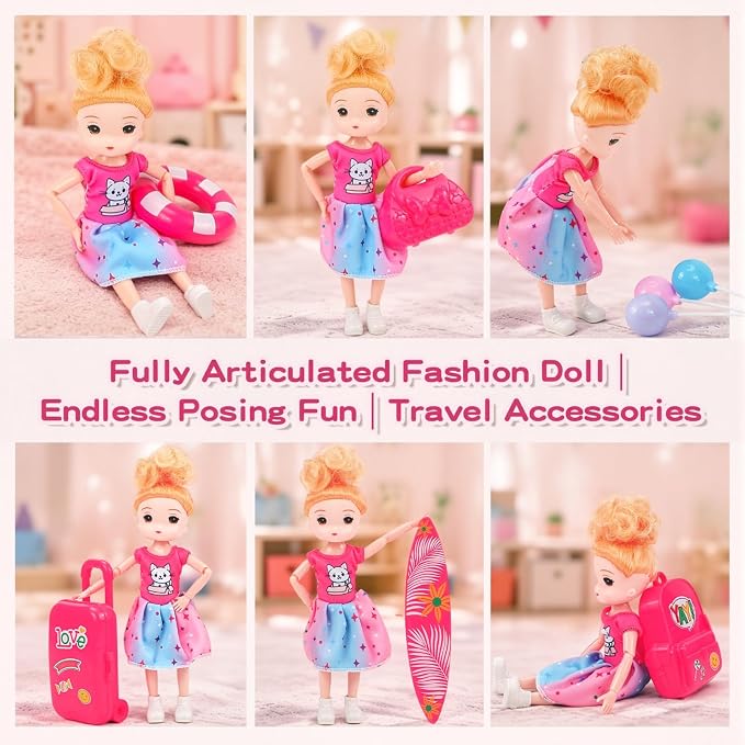 Pink Dream Travel Vehicles Playset Toys for Girls Age 3-6, Fashion Doll with Interactive Off-Road Car, Airplane, Boat & Helicopter, Lights & Sounds Pretend Play Beach Toys, Christmas & Birthday Gifts