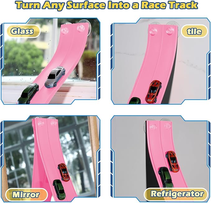 Flexible Race Track for Kids 3+, Flexible Car Track 15Ft Race Track Compatible with Diecast 1/64th Cars, Roll Up Car Ramp Toy with Strong Suction Cups