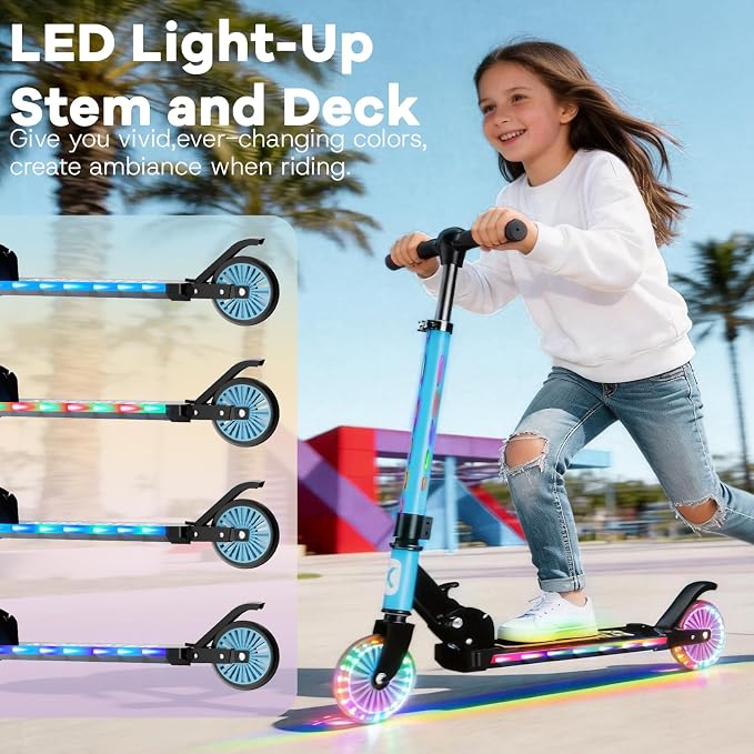 2 Wheel Scooter for Kids 3-12, Light Up Wheels & LED Stem Kick Scooter, Height Adjustable & Foldable Design, Lightweight Sport Scooter for Girls Boys with Kickstand