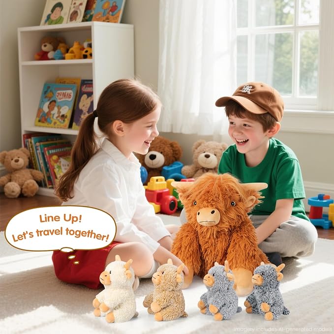 SuzziPals 5-in-1 Highland Cow Stuffed Animals with Babies Inside, 5PC Set Highland Cow Plush Mommy & 4 Babies, Soft Plushies Decor, Cute 3 to 8 Year Old Girl Gifts, Imaginative Play Toy (Cows)