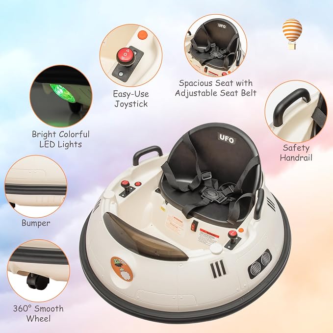 Ride On Bumper Car, 12V Electric Toddlers Car with Remote Control, Safety Belt, Music, Flashing Lights, 360 Degree Spin, Bumper Car for Toddlers,Kids,White