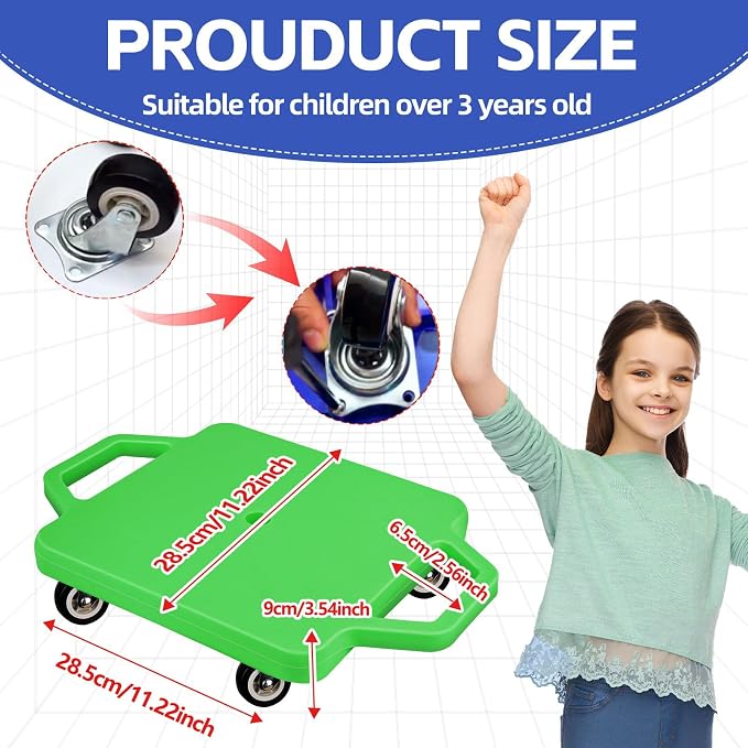 4 Pcs Sports Scooter Board with Handles for Kids Non-Marring Plastic Casters Floor Scooter Board Sitting Scooter Board Boy Girl Gym Indoor Outdoor Activities Play(Red,Green,Purple,Blue)