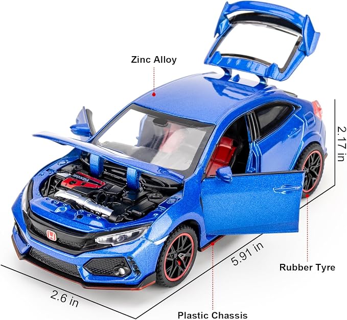 1:32 Scale Civic Type R Model Car，Toy Vehicle with Sound & Light, Pull Back Function & Openable Doors - Premium Diecast Collectible with Realistic Details Blue