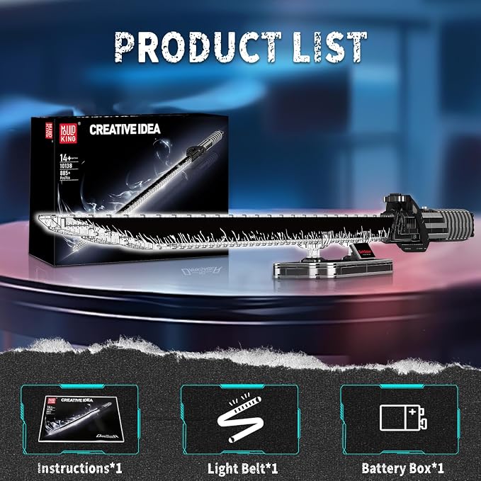 Mould King Dark Sword Building Set - 45.67" Rechargeable LED Lightsaber with Display Stand, DIY Assembly STEM Model Kit for Adults, Creative Collectible Sci-Fi Toy & Cosplay Gift Idea (885+ PCS)