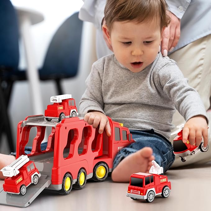 FunMission Toddlers Fire Truck for Kids 3-9 Year Old，5 in 1 Friction Power Vehicle Car for 3 4 5 6 7 Years Old Boys Girls，Carrier Truck Transport Toys for Christmas and Birthday Gifts