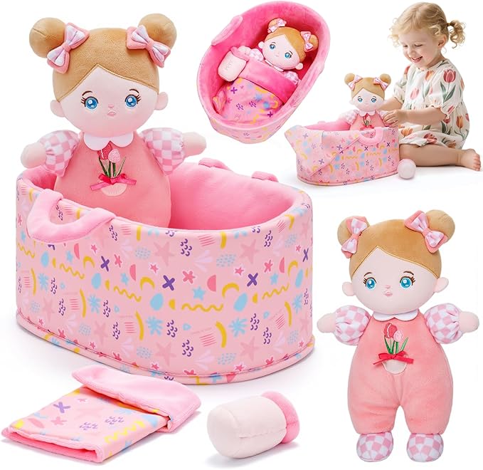 OUOZZZ Baby Doll Accessories with Soft Doll, Bassinet, Blanket and Bottle, Interactive Pretend Playset for Social Emotional Learning, Toy for 2 Year Old Girls