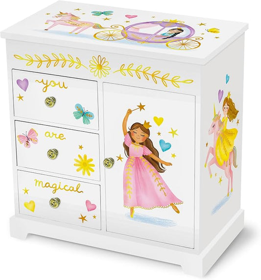 Giggle & Honey® Princess Musical Jewelry Box for Girls Kids Music Box with Drawers, Fairytale Gifts for Girls Birthday, Princess Jewelry Boxes for Ages 3-10
