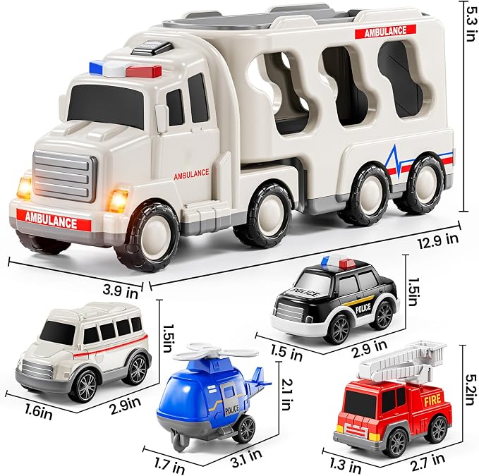 JUKUDAHU 5-in 1 Play Ambulance Toy Vehicle Toddler Truck Toys for 3 4 5 6 7 Year Old Boys - Friction Powered Cars with Light and Sound, Police Car, Fire Truck, Ambulance Car, Birthday Gifts for Kids
