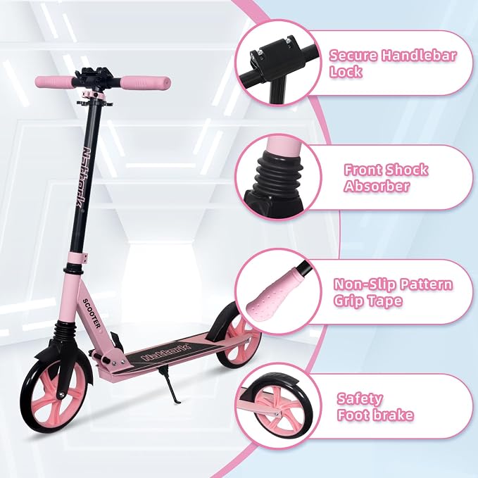 Nattork Kick Scooter for Kids 6+ Years Teens Adults - 220LB Weight Capacity, Front Shock Absorber and Adjustable Handlebar - Smooth Ride with 8" Sturdy Wheels, Ideal for Outdoor Sports