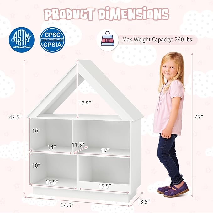 Costzon Kids Dollhouse Bookshelf, 3-Tier Wooden Open Bookcase for Toys and Books, Baby Bookshelf and Toy Storage Organizer, Book Shelf for Kids Rooms, Playroom, Nursery, Classroom (White)