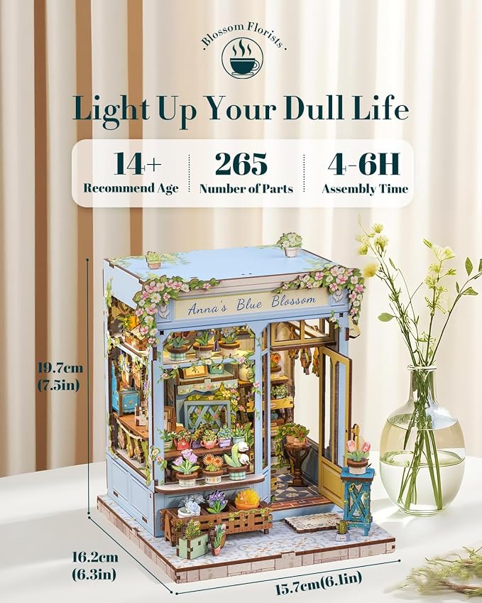 Cutefun Book Nook Kit - DIY Miniature Flower Shop Dollhouse Kit for Adults and Teens, 3D Wooden Puzzle Bookshelf Insert Decor with LED Light, Gifts for Book Lovers and Beginners (Anna's Blue Blossom)