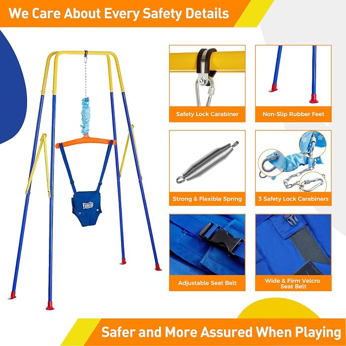 FUNLIO Baby Jumper with Stand for 6-24 Months, Infant Jumper for Indoor/Outdoor Play,Baby Bouncer for Baby Girl/Boy, with Adjustable Chain, Easy to Assemble & Store (with Stand) - Blue