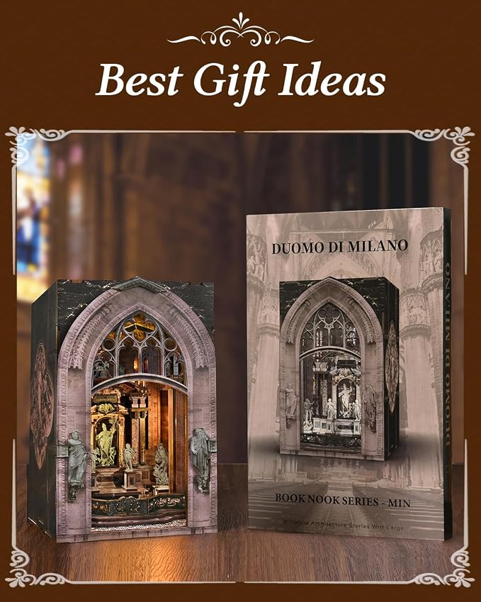 CCCDF DIY Dollhouse Kit, Gothic Architecture Miniature with Dust Cover, Easy Assembly Wooden Craft for Adults Bookshelf Decor (Duomo di Milano)