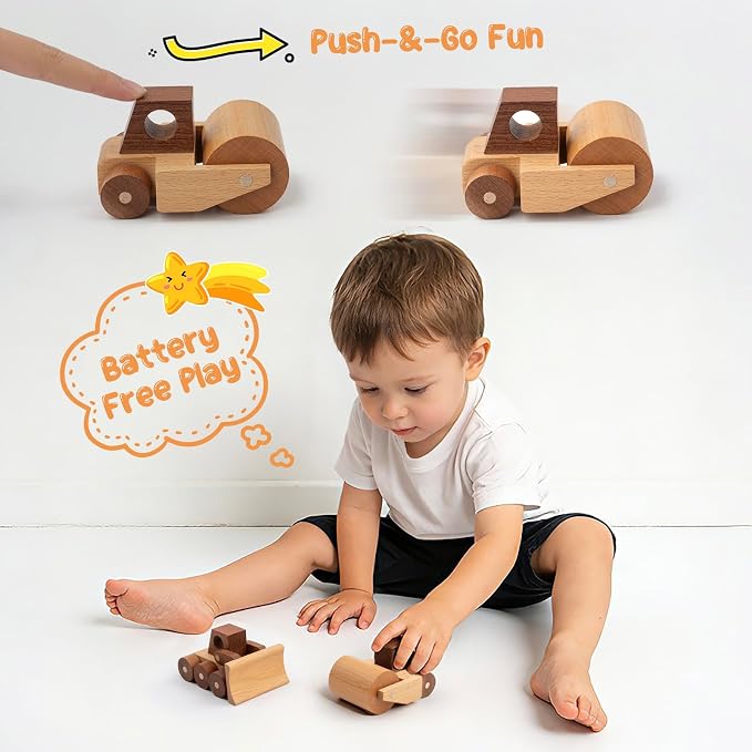Wooden Toy Cars for 3 Year Old Boys & Girls - Construction Vehicles Set Push Toys for Toddlers, Wood Montessori Car with Rolling Wheels, Natural Wood Toys (Bulldozer & Road Roller)