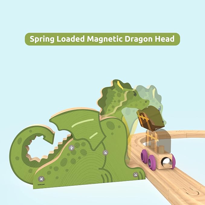 Wooden Train Set 68 PCS Castle Dragon Unicorn Fantasy Kingdom Adventure Playset w/Storage Box Train Toys for Girls Toddlers Grandkids Kids Compatible with Thomas Brio Melissa and Doug