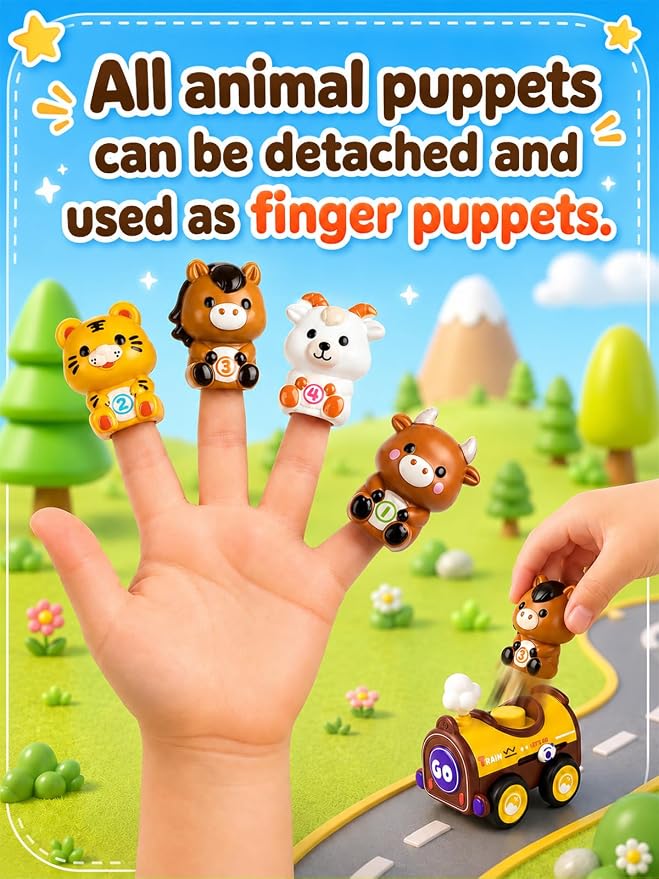 4 Pack Magnetic Connect & Press to Go Car Toys, Animal Finger Puppet Race Cars, Fine Motor Skill Toddler Toys 1-3, Push Down Friction Vehicle Set, Gifts for Baby Boys Girls 12-18 Months