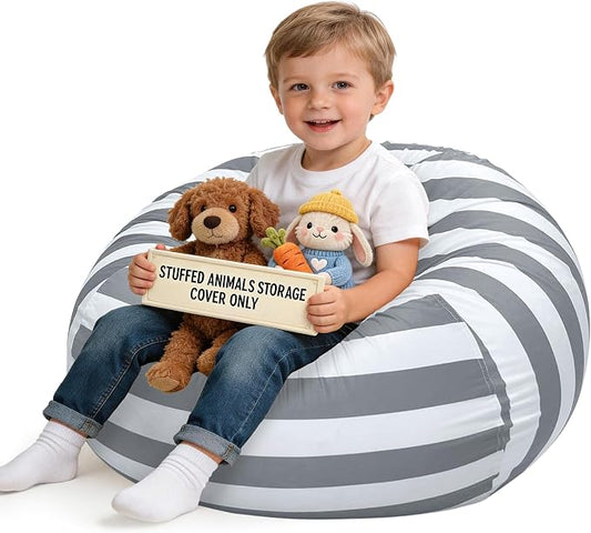 Lukeight Stuffed Animals Storage Bean Bag Chair Cover for Kids and Toddlers, Cozy Velvet Plush Toy Organizer Seat, Cover Only, No Filling Included, Long YKK Zipper, Side Pocket, Large 27 x 16 in