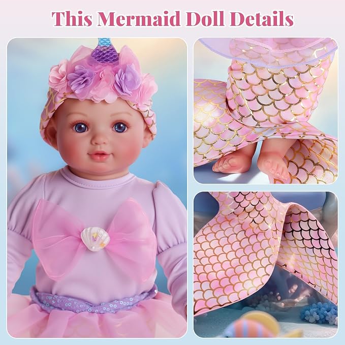 BABESIDE Mermaid Baby Doll Girl, 15-Inch Realistic Soft Baby Dolls with Shiny Mermaid Tail & Accessories, Cute Mermaid Toys for Girls Ages 3+ Kids, Christmas, Birthday