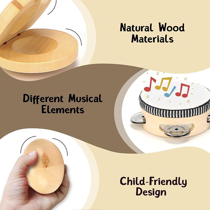 Toddler Musical Instruments Set Montessori Wooden Baby Toys | Sensory Music Toys for Toddlers |Educational Kids Instruments | Natural Wood, Non-Toxic | Ages 3+ | Gift for Boys & Girls