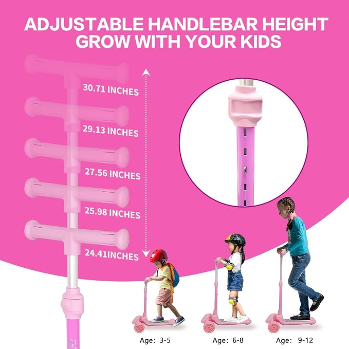 Nattork Kids Scooter for Girls with Light Up Wheels, Deck and Headlight, Wide Anti-Slip Deck and T-bar Handle with Rear Foot Brake, Adjustable Height 3 Wheel Scooter for Kids Ages 3+ and up to 220Lbs