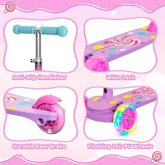 Nattork 3-Wheel Toddler Kick Scooter for Kids Girls Boys – Adjustable Height Scooter with Light-Up Wheels, Anti-Slip Deck, Lean-to-Steer Design for Ages 2-8