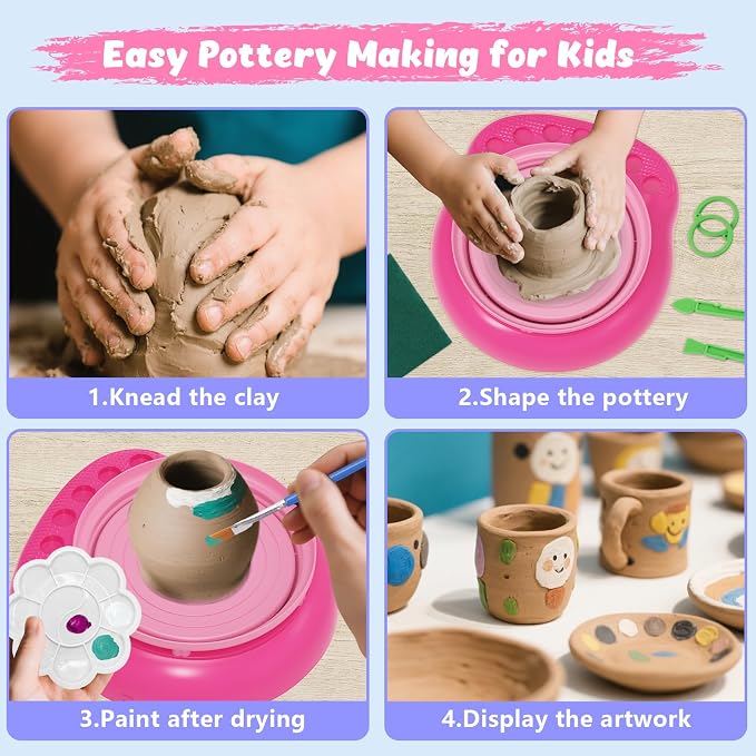 Pottery Wheel for Kids with Complete Clay Kit,Beginner Pottery Painting Set with Air Dry Clay,12 Paints,Sculpting Tools,Apron and Guide,Arts and Crafts Christmas Birthday Gift for Girls Boys Ages 6-12