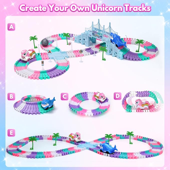 194PCS Unicorn Race Track for Kids Ages 4-8: Flexible Racetrack Toy Car Track Set with Unicorn & Shark Monster Trucks, Great Toys for 3 4 5 Year Old Girls Gifts, Toddler Girls Boys Age 3-6