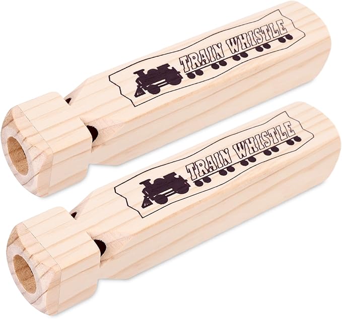 POPLAY 2PCS Kids Wooden Train Whistles, Noisemakers 4-Tone 7.3" Toy Wood Whistles for Kids Train Birthday Party Favors Carnival Prize Goodie Bag Filler Stocking Stuffers Game Prizes