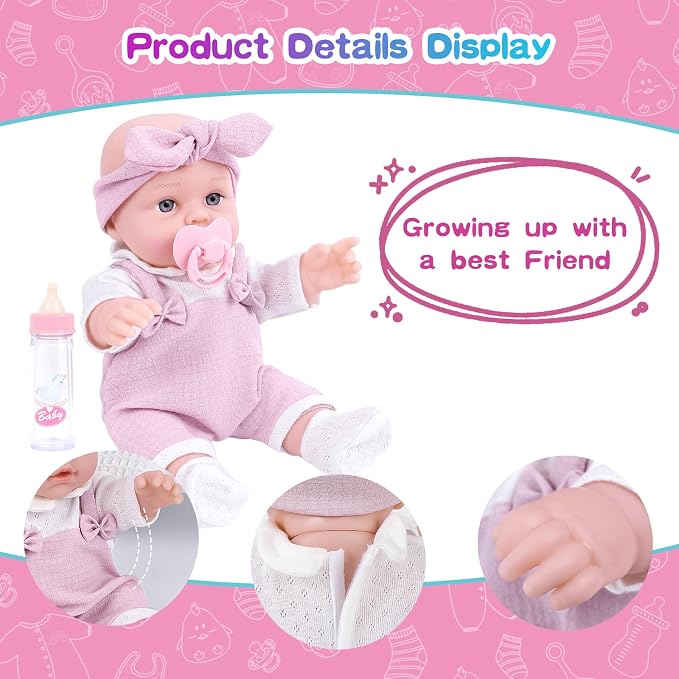 BDDOLL 12'' Baby Doll Playset with Clothes and Dolls Carrier Accessories Included Baby Carrier, Bottles, Nipple, Socks, Headbands