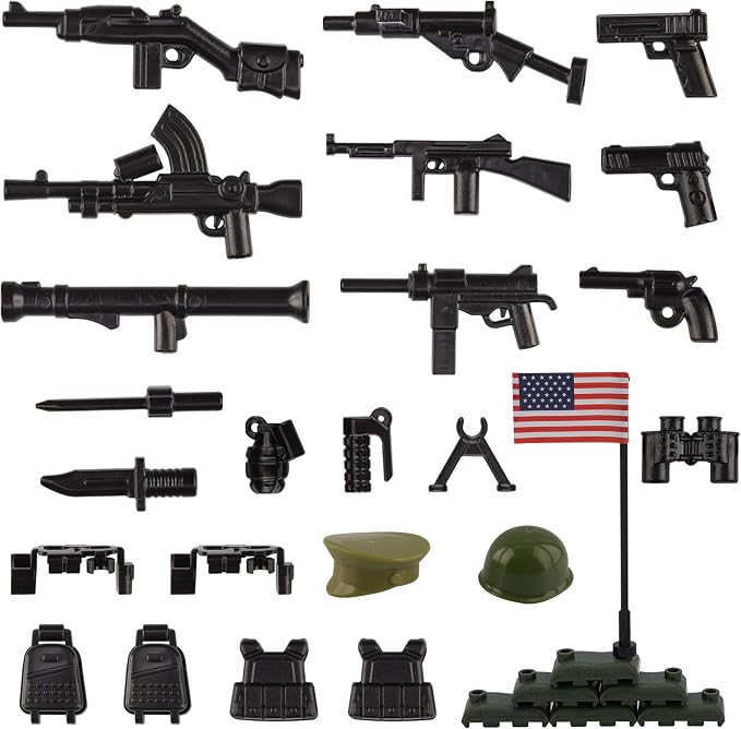 Military Weapons Pack 24 Pcs U.S. Accessories Kits Toys, Army Equipment Gear WW2 Guns for Boys 6+, Compatible with Mini Figure of Major Brand