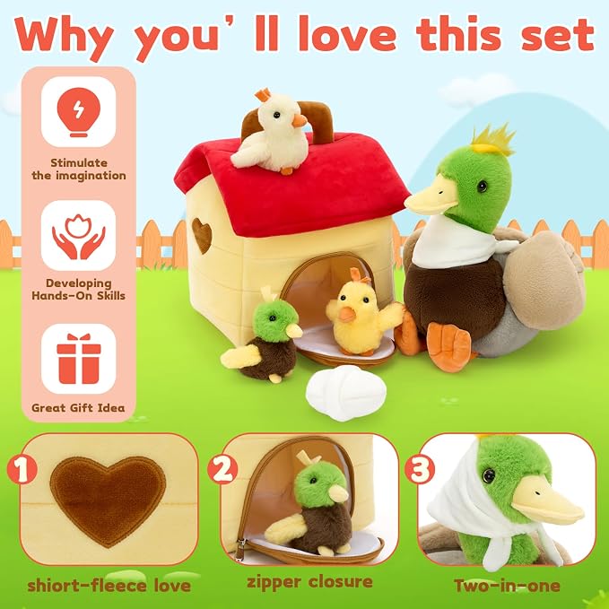 MaoGoLan 6pcs Duck Stuffed Animal, 14 Inch Large Mommy Stuffed Mallard Duck Plush with 3 Baby Ducklings & Eggshell & Duck House, Cute Realistic Stuffed Animal, Gift for Kids Boys Girls
