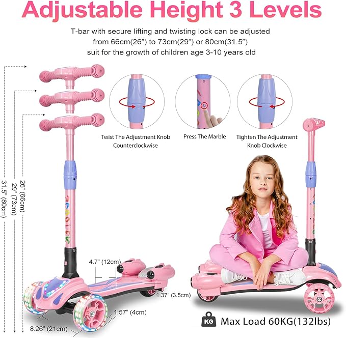 3 Wheel Scooter for Kids, Toddler Scooter with Bluetooth Music Speaker Steam Sprayer LED Lights Aluminum Alloy T-Bar, Folding Kick Scooters for Boys Girls Ages 3-10