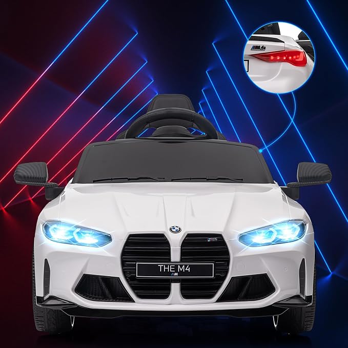 12V Ride On Car for Kids，Licensed BMW M4 Battery Powered Vehicle Car for Boys and Girls, with Remote Control,3 Speed,Led Light,(White)