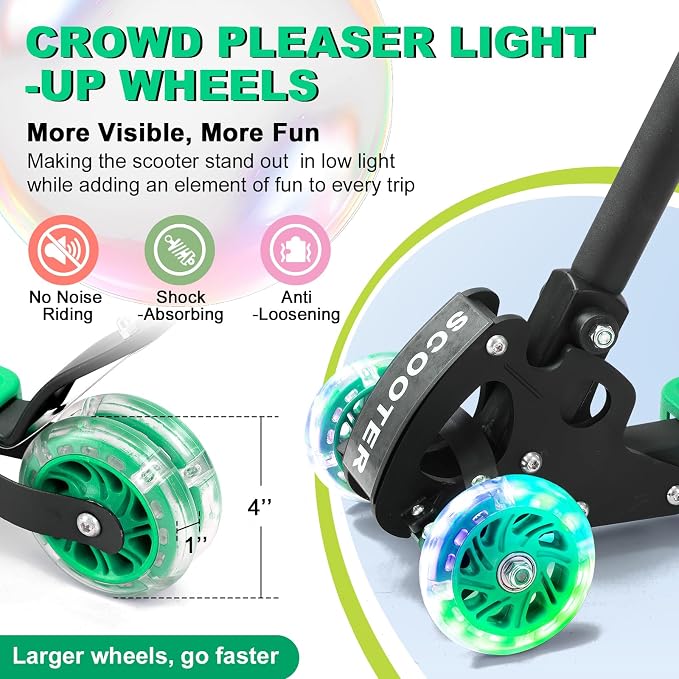 Scooter for Kids 3-5 5-7,Light up 3 Wheels Kick Scooter,Heavy Duty Folding Lean-to-Steer Scooters with 3 Adjustable Handlebar for Boys Girls,Widen Anti-Slip Deck,Rear Break,Holds up to 150Lbs