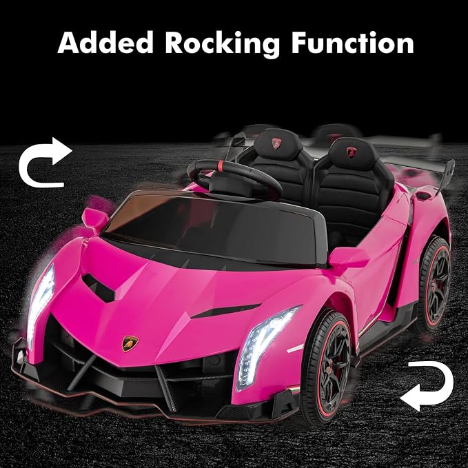 INFANS 2 Seater Kids Ride on Car, 12V 4WD Licensed Lamborghini Veneno Powered Electric Vehicle with Hydraulic Doors, Rocking Mode, Adjustable Speeds, Remote Control, MP3, Headlight (Coral)